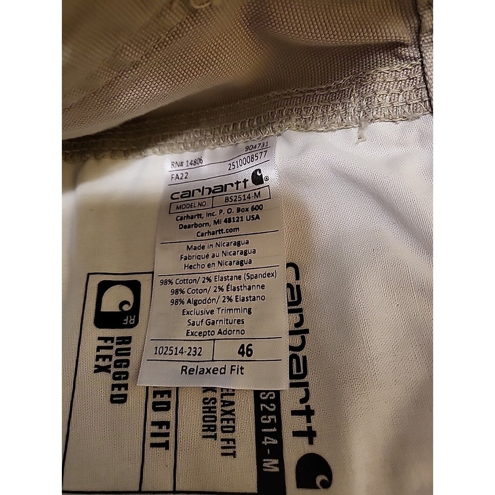 Carhartt Rugged Flex Relaxed Fit KHAKI Canvas Work Shorts BS2514-M Size 46 - Picture 7 of 7